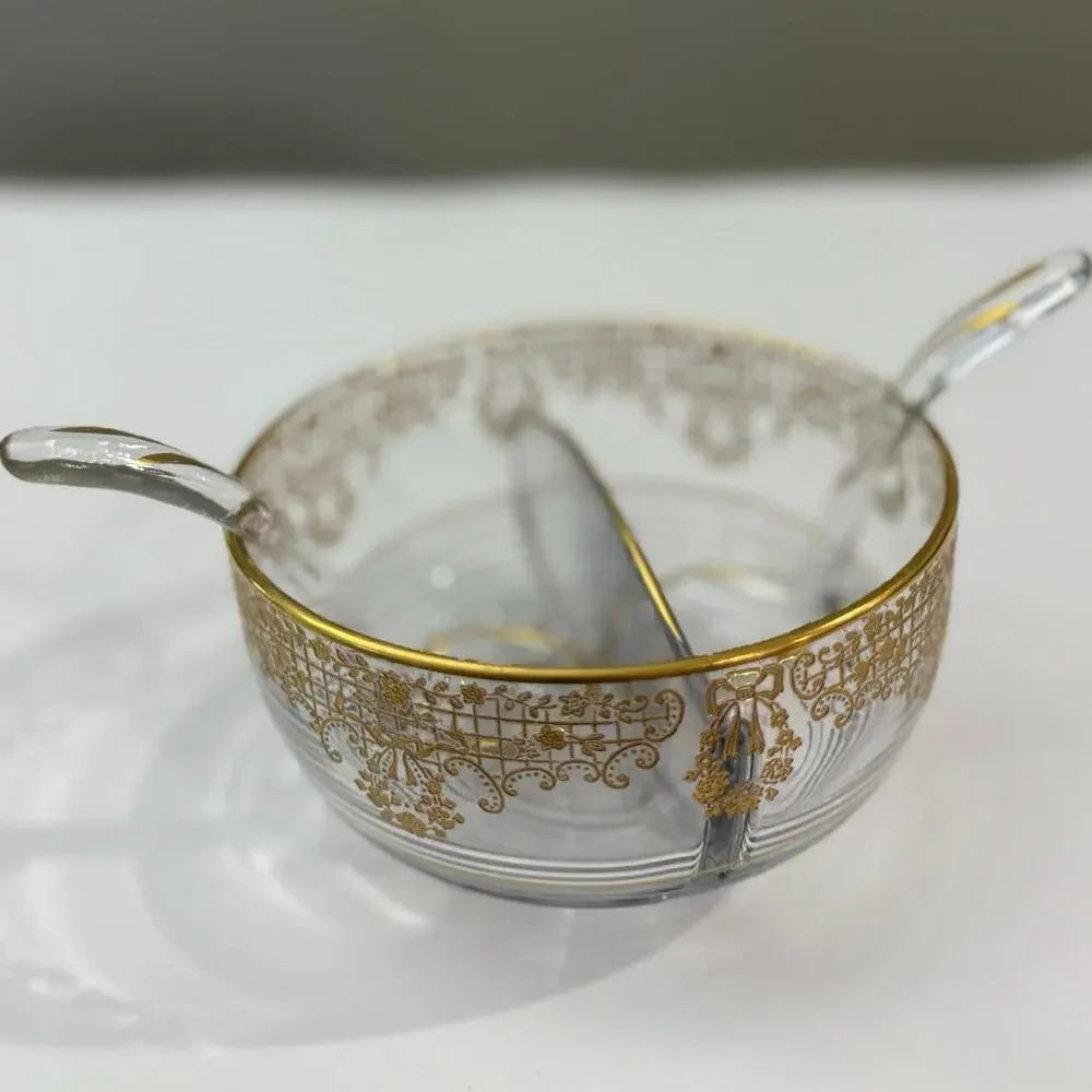 Glass Bowl and 2 Serving Spoons Gold Inlay Floral Divided Serving 3 x 6
